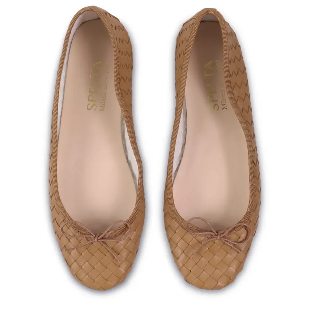 Clearance By Milaner Nicole Ballet Flat in Woven Leather Caramel Shoes