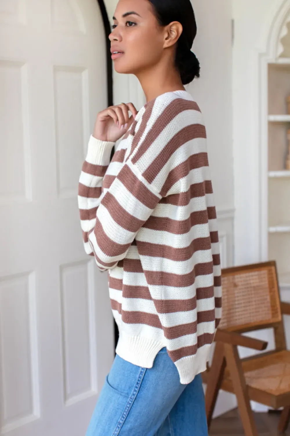 Outlet Carolyn Sweater in Mocha French Stripe Tops