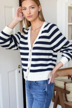 Hot Low V Neck Cardigan in Navy French Stripe Organic Tops