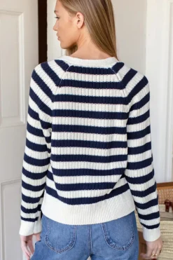 Hot Low V Neck Cardigan in Navy French Stripe Organic Tops