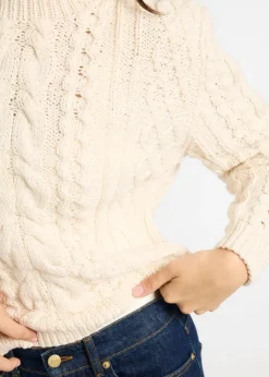 New Mille Rory Ivory Cableknit Crew Sweater Cotton Tops
