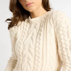 New Mille Rory Ivory Cableknit Crew Sweater Cotton Tops