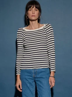 Outlet Nation LTD Amelie Envelope Neck Top in Pointelle Stripe Tops