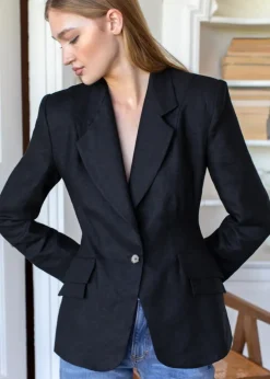 New Sculptural Blazer Black Linen Tops
