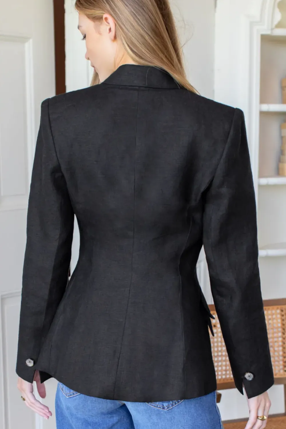 New Sculptural Blazer Black Linen Tops